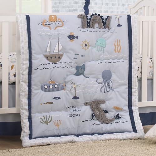 Product: NoJo Explore Dream Discover Light Blue, Navy, Gray and Coral Ocean 4 Piece Nursery Crib Bedding Set - Comforter, 100% Cotton Fitted Crib Sheet, Crib Skirt and Nursery Organizer