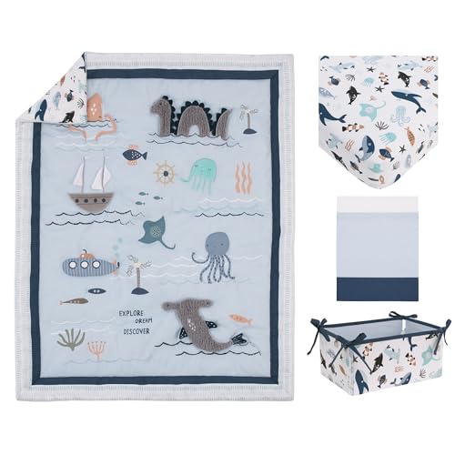 Product: NoJo Explore Dream Discover Light Blue, Navy, Gray and Coral Ocean 4 Piece Nursery Crib Bedding Set - Comforter, 100% Cotton Fitted Crib Sheet, Crib Skirt and Nursery Organizer
