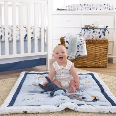 Product: NoJo Explore Dream Discover Light Blue, Navy, Gray and Coral Ocean 4 Piece Nursery Crib Bedding Set - Comforter, 100% Cotton Fitted Crib Sheet, Crib Skirt and Nursery Organizer