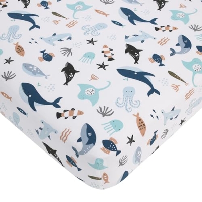 Product: NoJo Explore Dream Discover Light Blue, Navy, Gray and Coral Ocean 4 Piece Nursery Crib Bedding Set - Comforter, 100% Cotton Fitted Crib Sheet, Crib Skirt and Nursery Organizer