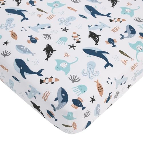 Product: NoJo Explore Dream Discover Light Blue, Navy, Gray and Coral Ocean 4 Piece Nursery Crib Bedding Set - Comforter, 100% Cotton Fitted Crib Sheet, Crib Skirt and Nursery Organizer