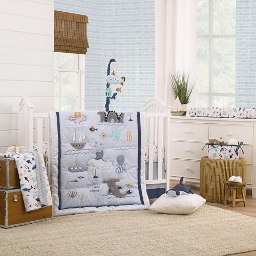 Product: NoJo Explore Dream Discover Light Blue, Navy, Gray and Coral Ocean 4 Piece Nursery Crib Bedding Set - Comforter, 100% Cotton Fitted Crib Sheet, Crib Skirt and Nursery Organizer