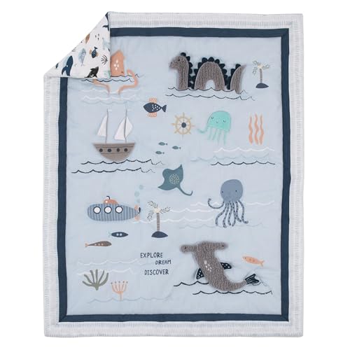 Product: NoJo Explore Dream Discover Light Blue, Navy, Gray and Coral Ocean 4 Piece Nursery Crib Bedding Set - Comforter, 100% Cotton Fitted Crib Sheet, Crib Skirt and Nursery Organizer
