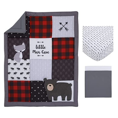 Product: NoJo Little Love Little Man Cave Grey, Red, Black and Ivory, Bear, Fox, Moose, Buffalo Check and Arrows Rustic 3 Piece Nursery Crib Bedding Set - Comforter, Fitted Crib Sheet and Crib Skirt