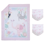 Product: NoJo Little Love Tropical Garden Pink, Green, and White Jungle Animal 3 Piece Mini Crib Bedding Set - Comforter, Two Fitted Sheets