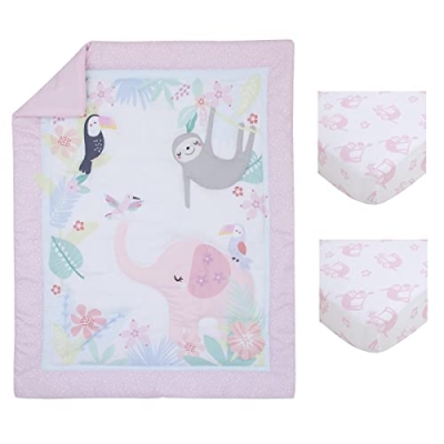 Product: NoJo Little Love Tropical Garden Pink, Green, and White Jungle Animal 3 Piece Mini Crib Bedding Set - Comforter, Two Fitted Sheets