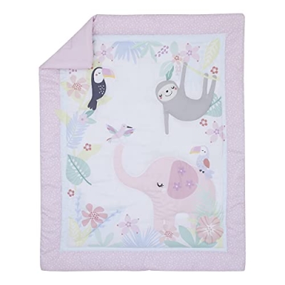 Mini Crib Bedding Set, Tropical Jungle Animal Comforter and 2 Fitted Sheets, Pink Green White, 24x38in Mattress 6 Product: NoJo Little Love Tropical Garden Pink, Green, and White Jungle Animal 3 Piece Mini Crib Bedding Set - Comforter, Two Fitted Sheets