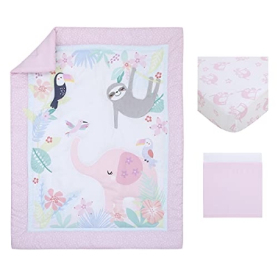 Product: NoJo Little Love Tropical Garden Pink, Green, and White Jungle Animal 3 Piece Nursery Crib Bedding Set - Comforter, Fitted Crib Sheet, and Crib Skirt