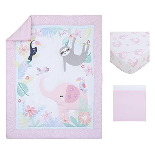 Product: NoJo Little Love Tropical Garden Pink, Green, and White Jungle Animal 3 Piece Nursery Crib Bedding Set - Comforter, Fitted Crib Sheet, and Crib Skirt