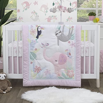Product: NoJo Little Love Tropical Garden Pink, Green, and White Jungle Animal 3 Piece Nursery Crib Bedding Set - Comforter, Fitted Crib Sheet, and Crib Skirt