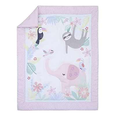 Product: NoJo Little Love Tropical Garden Pink, Green, and White Jungle Animal 3 Piece Nursery Crib Bedding Set - Comforter, Fitted Crib Sheet, and Crib Skirt