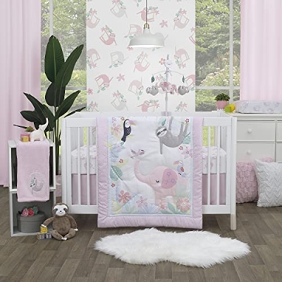 Product: NoJo Little Love Tropical Garden Pink, Green, and White Jungle Animal 3 Piece Nursery Crib Bedding Set - Comforter, Fitted Crib Sheet, and Crib Skirt