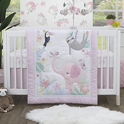 Product: NoJo Little Love Tropical Garden Pink, Green, and White Jungle Animal 3 Piece Nursery Crib Bedding Set - Comforter, Fitted Crib Sheet, and Crib Skirt