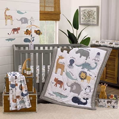 Product: NoJo Zoo Animals White and Gray 4 Pc Crib Bedding Set