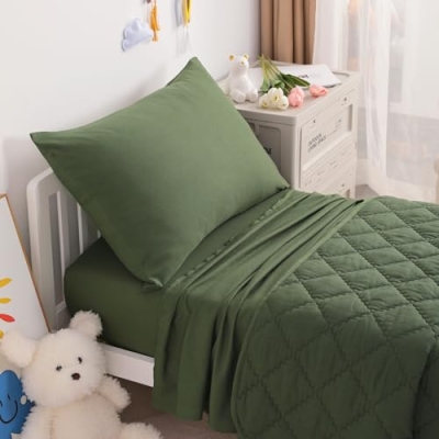 Product: NTBAY Toddler Bedding Set - 4 Piece Soft and Breathable Crib Bedding Set for Boys and Girls, Includes Quilted Comforter, Fitted Sheet, Flat Top Sheet and Envelope Pillowcase, Olive Green