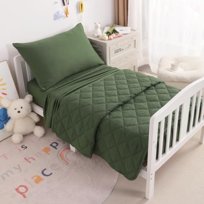 Product: NTBAY Toddler Bedding Set - 4 Piece Soft and Breathable Crib Bedding Set for Boys and Girls, Includes Quilted Comforter, Fitted Sheet, Flat Top Sheet and Envelope Pillowcase, Olive Green