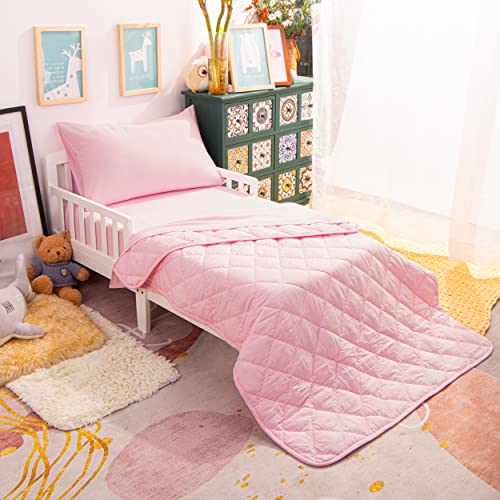 Product: NTBAY Toddler Bedding Set - 4 Piece Soft and Breathable Crib Bedding Set for Boys and Girls, Includes Quilted Comforter, Fitted Sheet, Flat Top Sheet and Envelope Pillowcase, Pink