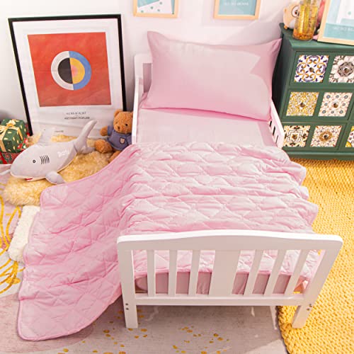 Product: NTBAY Toddler Bedding Set - 4 Piece Soft and Breathable Crib Bedding Set for Boys and Girls, Includes Quilted Comforter, Fitted Sheet, Flat Top Sheet and Envelope Pillowcase, Pink
