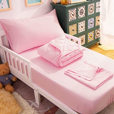 Product: NTBAY Toddler Bedding Set - 4 Piece Soft and Breathable Crib Bedding Set for Boys and Girls, Includes Quilted Comforter, Fitted Sheet, Flat Top Sheet and Envelope Pillowcase, Pink