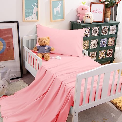 Pink Toddler Bedding Set, 3 Piece Crib Sheet Pillowcase Bundle, Soft Pink Nursery Bedding, 20.5cm 5 Product: NTBAY Toddler Sheet Set - 3-Piece Microfiber Crib Sheet Set - Flat Sheet, Fitted Sheet, Pillowcase - Solid Toddler Bedding, Pink