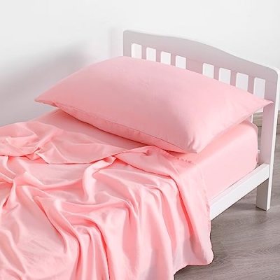 Pink Toddler Bedding Set, 3 Piece Crib Sheet Pillowcase Bundle, Soft Pink Nursery Bedding, 20.5cm 8 Product: NTBAY Toddler Sheet Set - 3-Piece Microfiber Crib Sheet Set - Flat Sheet, Fitted Sheet, Pillowcase - Solid Toddler Bedding, Pink