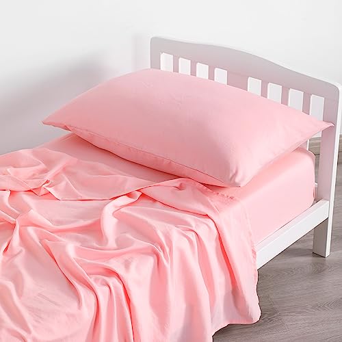 Pink Toddler Bedding Set, 3 Piece Crib Sheet Pillowcase Bundle, Soft Pink Nursery Bedding, 20.5cm 1 Product: NTBAY Toddler Sheet Set - 3-Piece Microfiber Crib Sheet Set - Flat Sheet, Fitted Sheet, Pillowcase - Solid Toddler Bedding, Pink