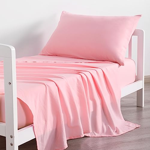 Pink Toddler Bedding Set, 3 Piece Crib Sheet Pillowcase Bundle, Soft Pink Nursery Bedding, 20.5cm 2 Product: NTBAY Toddler Sheet Set - 3-Piece Microfiber Crib Sheet Set - Flat Sheet, Fitted Sheet, Pillowcase - Solid Toddler Bedding, Pink