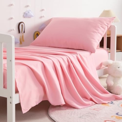 Product: NTBAY Toddler Sheet Set - 3-Piece Microfiber Crib Sheet Set - Flat Sheet, Fitted Sheet, Pillowcase - Solid Toddler Bedding, Pink