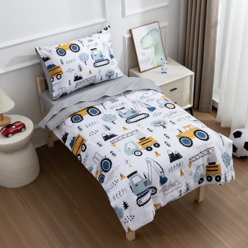 Construction Trucks Toddler Bedding Set, Reversible Quilt Sheets Pillowcase, Light Grey 4 Piece, 42x57in 2 Product: NTBED 4 Pieces Construction Toddler Bedding Set for Baby Boys,Tree Truck Vehicles Excavator Cars Printed, Includes Comforter, Flat Sheet, Fitted Sheet and Pillowcase,Light Grey
