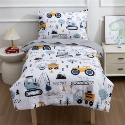 Construction Trucks Toddler Bedding Set, Reversible Quilt Sheets Pillowcase, Light Grey 4 Piece, 42x57in 7 Product: NTBED 4 Pieces Construction Toddler Bedding Set for Baby Boys,Tree Truck Vehicles Excavator Cars Printed, Includes Comforter, Flat Sheet, Fitted Sheet and Pillowcase,Light Grey