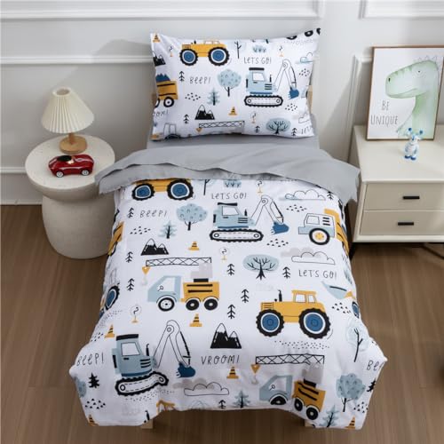 NTBED 4 Pieces Construction Toddler Bedding Set for Baby Boys,Tree Truck Vehicles Excavator Cars Printed, Includes Comforter, Flat Sheet, Fitted Sheet and Pillowcase,Light Grey - Crib Bedding Sets Product: NTBED 4 Pieces Construction Toddler Bedding Set for Baby Boys,Tree Truck Vehicles Excavator Cars Printed, Includes Comforter, Flat Sheet, Fitted Sheet and Pillowcase,Light Grey