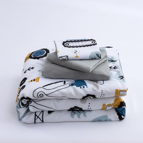 Construction Trucks Toddler Bedding Set, Reversible Quilt Sheets Pillowcase, Light Grey 4 Piece, 42x57in 5 Product: NTBED 4 Pieces Construction Toddler Bedding Set for Baby Boys,Tree Truck Vehicles Excavator Cars Printed, Includes Comforter, Flat Sheet, Fitted Sheet and Pillowcase,Light Grey