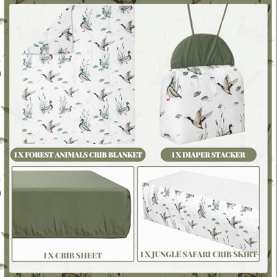 Mallard Duck Crib Bedding Set, 4 Piece Nursery Set, Crib Skirt Blanket Sheet Diaper Stacker, 28x52in 7 Product: Oudain 4 Piece Mallard Duck Crib Bedding Set Including Mallard Duck Crib Skirt, Blanket, Crib Sheet and Diaper Stacker, Soft Neutral Nursery Standard Size Baby Bedding for Baby Girls and Boys