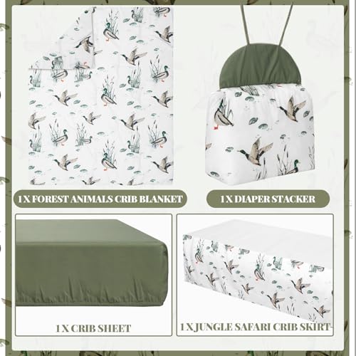 Mallard Duck Crib Bedding Set, 4 Piece Nursery Set, Crib Skirt Blanket Sheet Diaper Stacker, 28x52in 2 Product: Oudain 4 Piece Mallard Duck Crib Bedding Set Including Mallard Duck Crib Skirt, Blanket, Crib Sheet and Diaper Stacker, Soft Neutral Nursery Standard Size Baby Bedding for Baby Girls and Boys