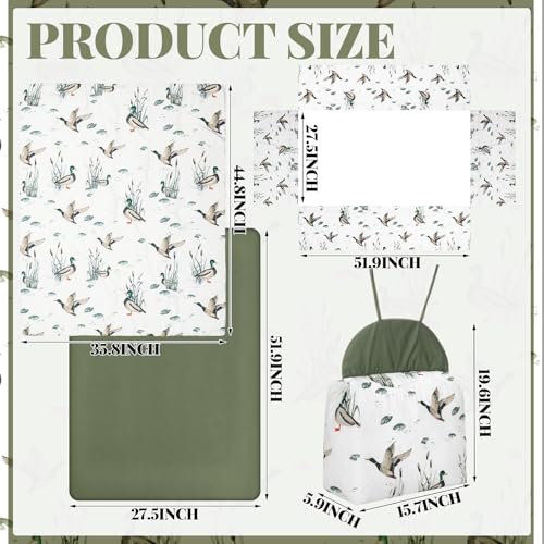 Mallard Duck Crib Bedding Set, 4 Piece Nursery Set, Crib Skirt Blanket Sheet Diaper Stacker, 28x52in 1 Product: Oudain 4 Piece Mallard Duck Crib Bedding Set Including Mallard Duck Crib Skirt, Blanket, Crib Sheet and Diaper Stacker, Soft Neutral Nursery Standard Size Baby Bedding for Baby Girls and Boys