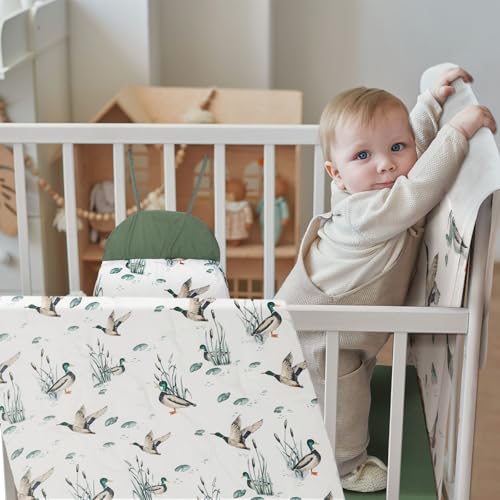 Mallard Duck Crib Bedding Set, 4 Piece Nursery Set, Crib Skirt Blanket Sheet Diaper Stacker, 28x52in 4 Product: Oudain 4 Piece Mallard Duck Crib Bedding Set Including Mallard Duck Crib Skirt, Blanket, Crib Sheet and Diaper Stacker, Soft Neutral Nursery Standard Size Baby Bedding for Baby Girls and Boys