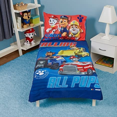 Paw Patrol Toddler Bedding Set, Calling All Pups Blue Comforter Sheets Reversible Pillowcase, 4 Piece Standard Toddler Bed 2.0cm 15 Product: Paw Patrol Calling All Pups 4 Piece Toddler Bedding Set – Includes Comforter, Sheet Set – Fitted + Top Sheet + Reversible Pillowcase for Boys Bed, Blue
