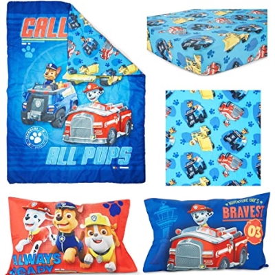 Paw Patrol Toddler Bedding Set, Calling All Pups Blue Comforter Sheets Reversible Pillowcase, 4 Piece Standard Toddler Bed 2.0cm 10 Product: Paw Patrol Calling All Pups 4 Piece Toddler Bedding Set – Includes Comforter, Sheet Set – Fitted + Top Sheet + Reversible Pillowcase for Boys Bed, Blue