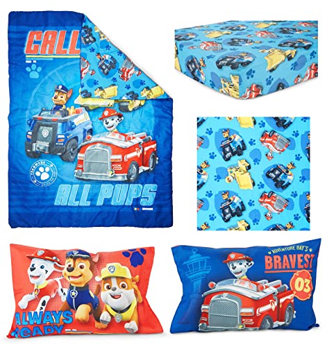 Paw Patrol Toddler Bedding Set, Calling All Pups Blue Comforter Sheets Reversible Pillowcase, 4 Piece Standard Toddler Bed 2.0cm 2 Product: Paw Patrol Calling All Pups 4 Piece Toddler Bedding Set – Includes Comforter, Sheet Set – Fitted + Top Sheet + Reversible Pillowcase for Boys Bed, Blue