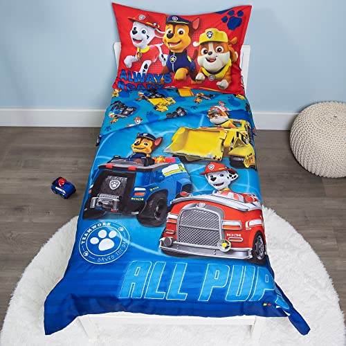 Paw Patrol Toddler Bedding Set, Calling All Pups Blue Comforter Sheets Reversible Pillowcase, 4 Piece Standard Toddler Bed 2.0cm 1 Product: Paw Patrol Calling All Pups 4 Piece Toddler Bedding Set – Includes Comforter, Sheet Set – Fitted + Top Sheet + Reversible Pillowcase for Boys Bed, Blue