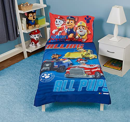 Paw Patrol Toddler Bedding Set, Calling All Pups Blue Comforter Sheets Reversible Pillowcase, 4 Piece Standard Toddler Bed 2.0cm 7 Product: Paw Patrol Calling All Pups 4 Piece Toddler Bedding Set – Includes Comforter, Sheet Set – Fitted + Top Sheet + Reversible Pillowcase for Boys Bed, Blue