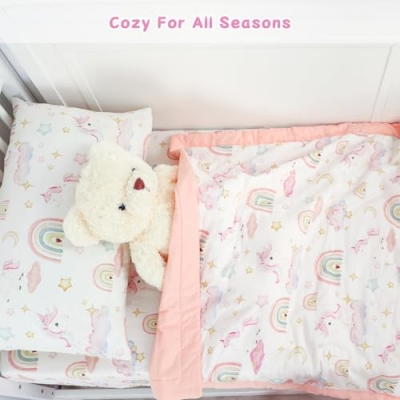 Product: Pea Pod Muslin Toddler Bedding Set 3-Piece - Soft Breathable Crib Bedding with Fitted Sheet, Quilt & Pillowcase for Infant & Kids Bed | Machine Washable Nursery Bed Set, Unicorn Rainbow