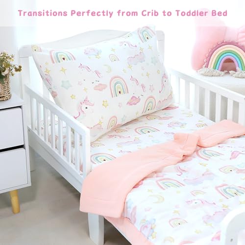 Product: Pea Pod Muslin Toddler Bedding Set 3-Piece - Soft Breathable Crib Bedding with Fitted Sheet, Quilt & Pillowcase for Infant & Kids Bed | Machine Washable Nursery Bed Set, Unicorn Rainbow