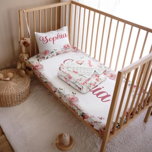 Product: Personalized 3 Piece Baby Crib Bedding Set for Girls, Newborn Baby Toddler Nursery Pink Flower Set with Blanket, Fitted Sheet, Pillowcase, Custom Name Gifts for Girls