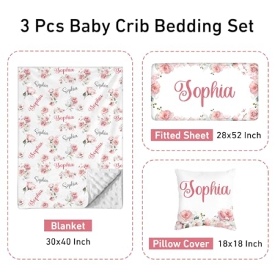 Product: Personalized 3 Piece Baby Crib Bedding Set for Girls, Newborn Baby Toddler Nursery Pink Flower Set with Blanket, Fitted Sheet, Pillowcase, Custom Name Gifts for Girls