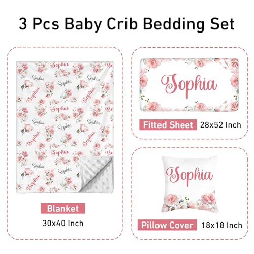 Product: Personalized 3 Piece Baby Crib Bedding Set for Girls, Newborn Baby Toddler Nursery Pink Flower Set with Blanket, Fitted Sheet, Pillowcase, Custom Name Gifts for Girls