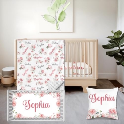 Product: Personalized 3 Piece Baby Crib Bedding Set for Girls, Newborn Baby Toddler Nursery Pink Flower Set with Blanket, Fitted Sheet, Pillowcase, Custom Name Gifts for Girls