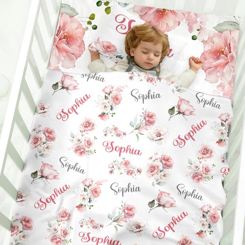 Product: Personalized 3 Piece Baby Crib Bedding Set for Girls, Newborn Baby Toddler Nursery Pink Flower Set with Blanket, Fitted Sheet, Pillowcase, Custom Name Gifts for Girls