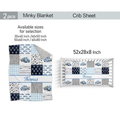 Personalized Baby Boy Crib Bedding Set, Custom Name Blue Truck Nursery, 2 Piece Plush Minky Set 32.5cm 9 Product: Personalized Baby Boy Crib Bedding Set – Custom Name Blue Truck 2 Piece Set with Minky Dot Blanket & Fitted Crib Sheet – Soft Nursery Bedding for Newborn, Infant, Toddler Boys