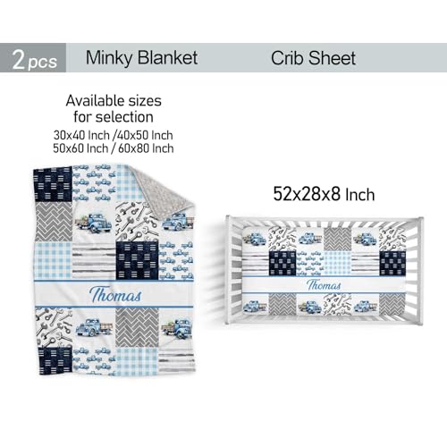 Personalized Baby Boy Crib Bedding Set, Custom Name Blue Truck Nursery, 2 Piece Plush Minky Set 32.5cm 3 Product: Personalized Baby Boy Crib Bedding Set – Custom Name Blue Truck 2 Piece Set with Minky Dot Blanket & Fitted Crib Sheet – Soft Nursery Bedding for Newborn, Infant, Toddler Boys